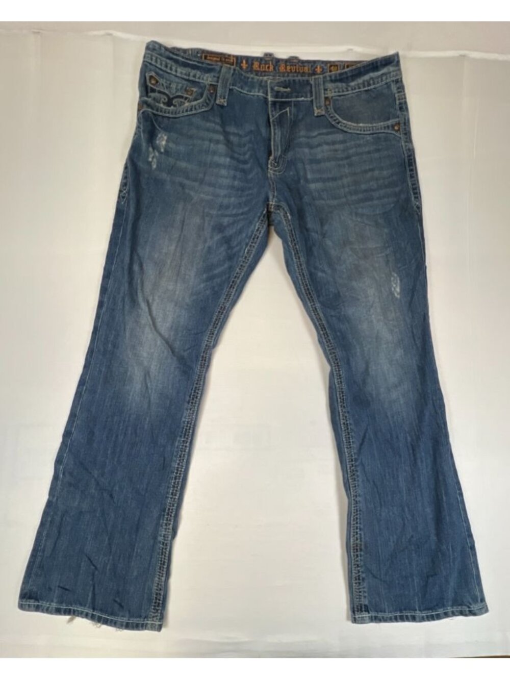 Rock Revival Mens 40 Ethan Straight Leg Blue Distressed Denim Jeans